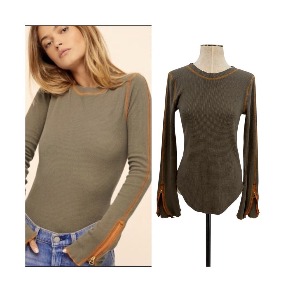 Free People Waffle Knit‎ Thermal Top Olive Green Zip Cuff Long Sleeve Womens M